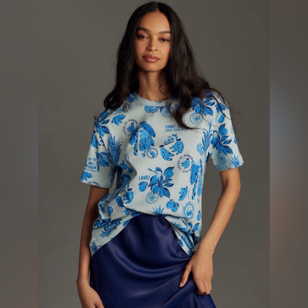 Farm Rio Anthropologie New Blue Botanical Print Women's Tee Shirt Top Small